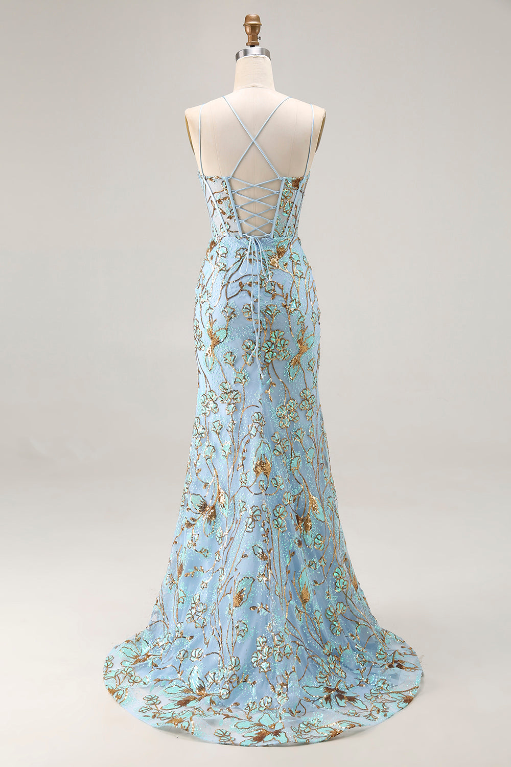 Mermaid Lake Blue Corset Sequins Lace Up Back Long Prom Dress With Slit