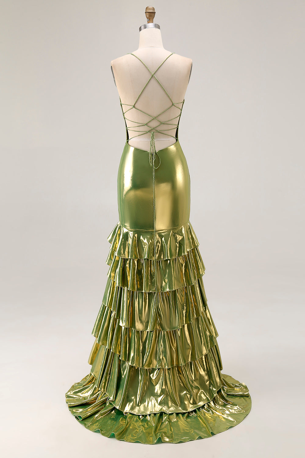 Gold Metallic Tiered Mermaid Tie Back Long Prom Dress With Slit