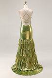 Gold Metallic Tiered Mermaid Tie Back Long Prom Dress With Slit