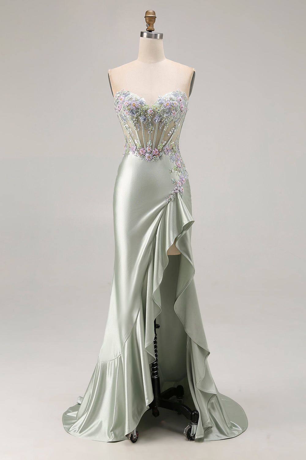 Dusty Sage Sweetheart Applique Corset Mermaid Sequin Long Prom Dress with Ruffle Slit