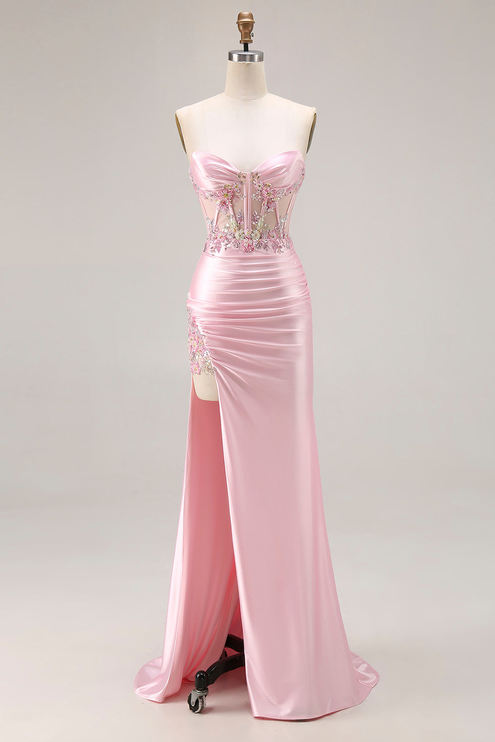 Pink Strapless Mermaid Corset Appliqued Sequin Long Prom Dress With Slit