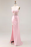 Pink Strapless Mermaid Corset Appliqued Sequin Long Prom Dress With Slit