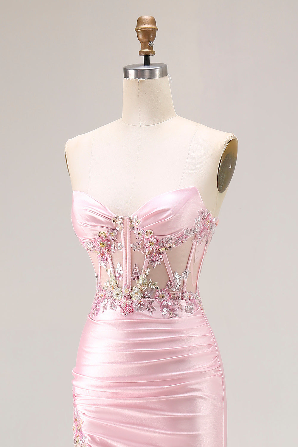 Pink Strapless Mermaid Corset Appliqued Sequin Long Prom Dress With Slit