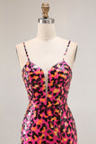 Fuchsia Leopard Mermaid Sequins Spaghetti Straps Long Prom Dress With Slit