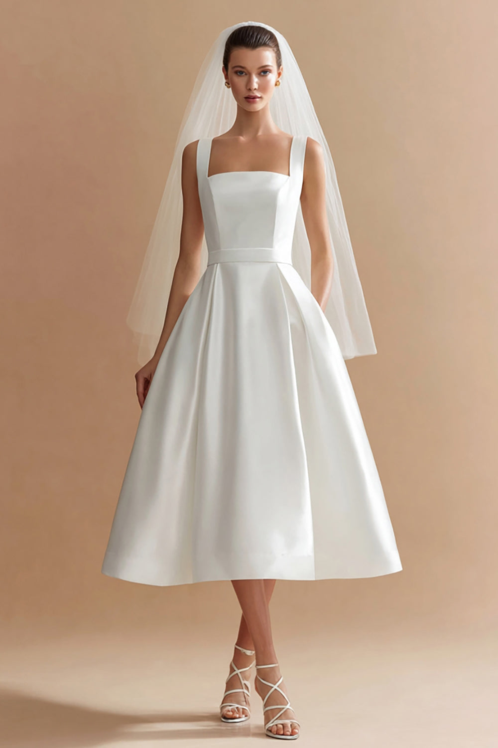 White Satin A Line Square Neck Midi Wedding Dress