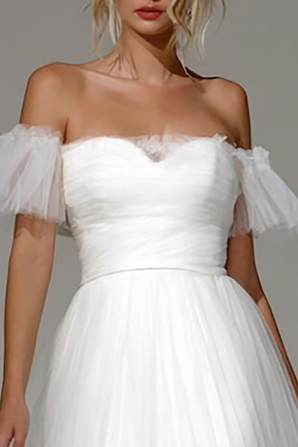 White Off the Shoulder Tulle Midi Rehearsal Dinner Dress