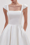 White Satin Square Neck Long Engagement Dress with Pockets