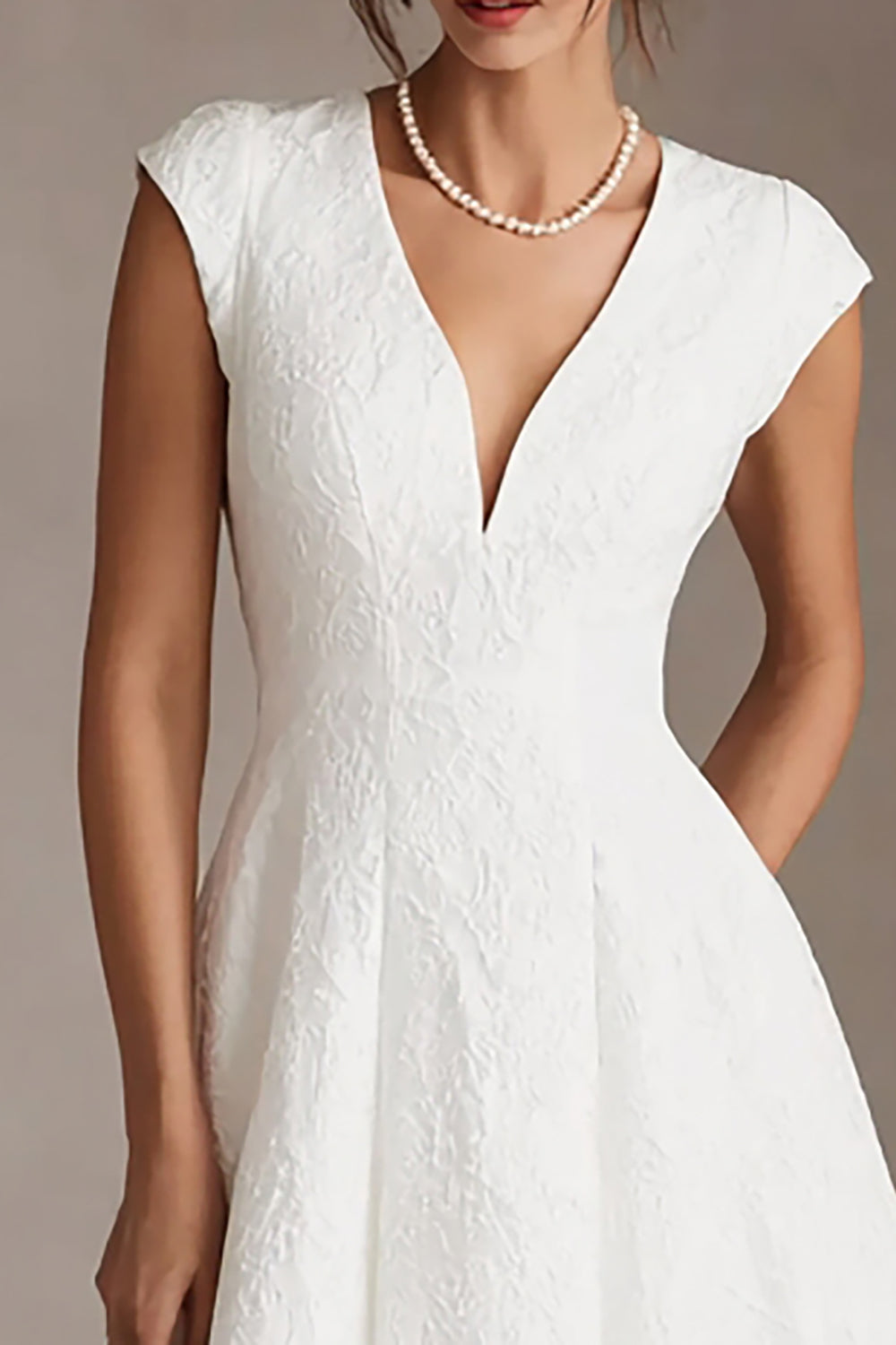 White Jacquard A Line V-Neck Midi Engagement Dress