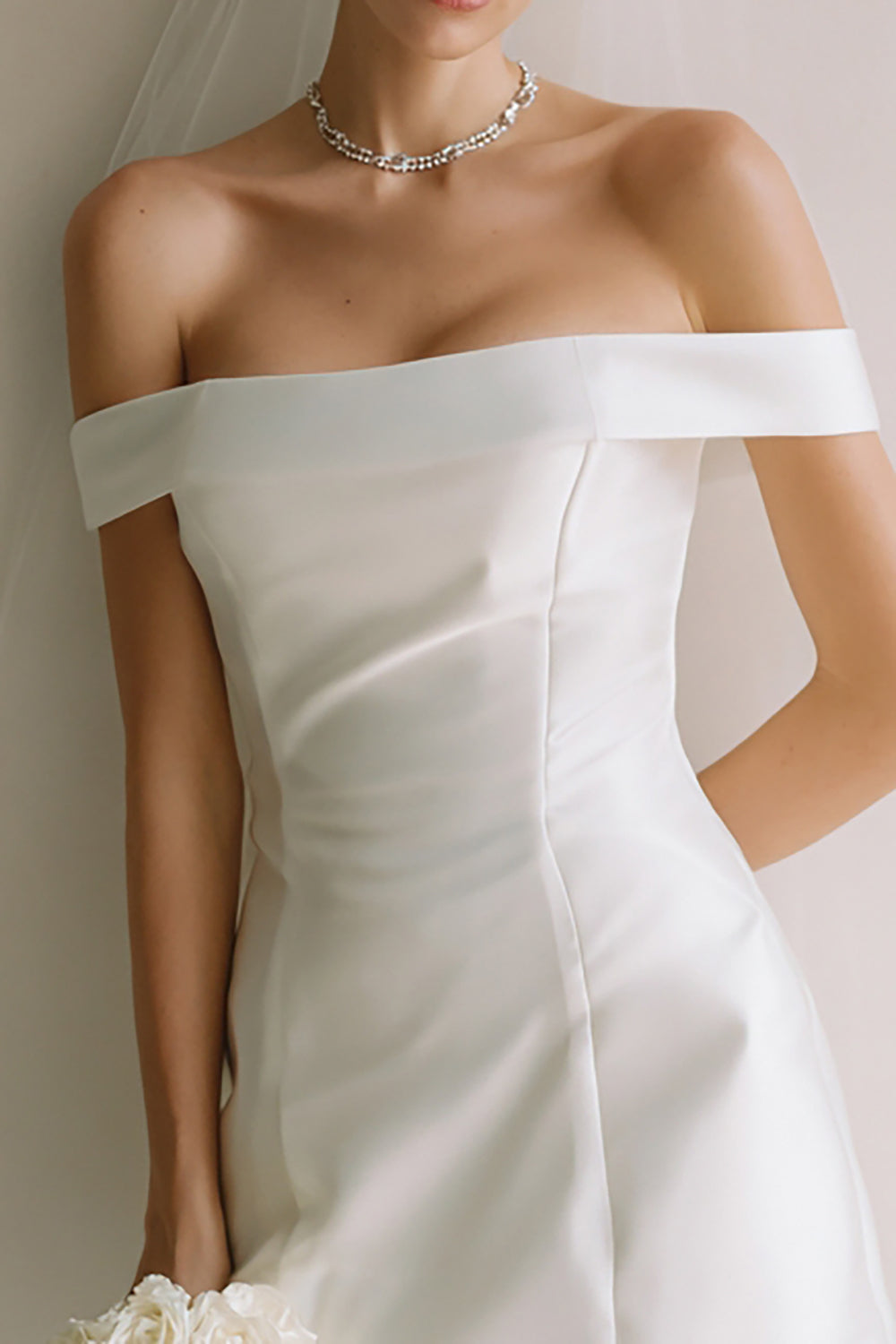 White Off the Shoulder Satin Short Courthouse Wedding Dress