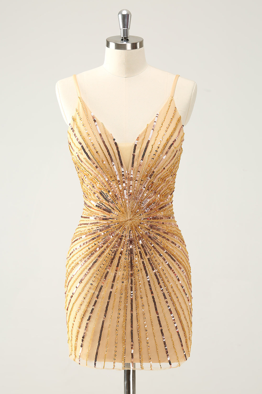 Sparkly Golden Tight Spaghetti Straps Backless Cocktail Dress with Sequins