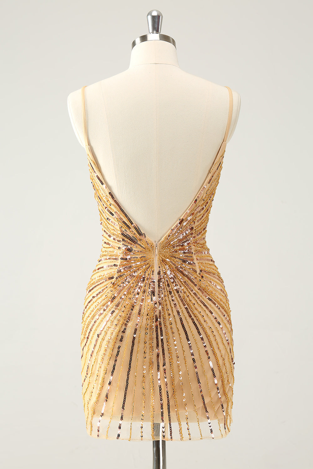 Golden Bodycon Spaghetti Straps Cocktail Dress with Sequins