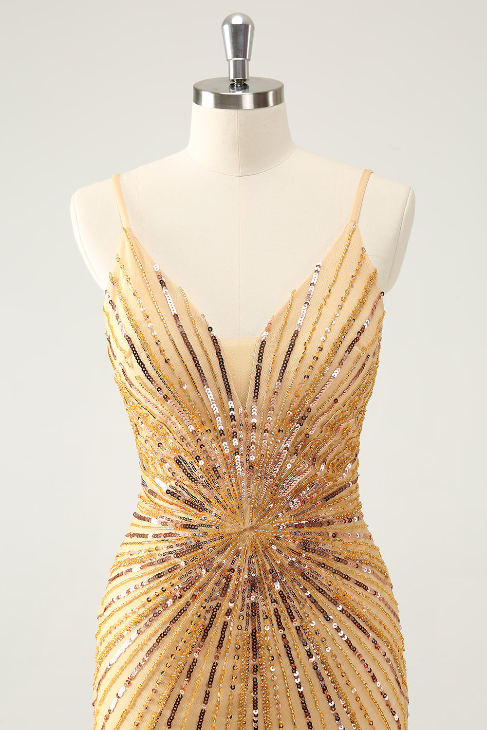 Golden Bodycon Spaghetti Straps Cocktail Dress with Sequins