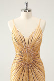 Golden Bodycon Spaghetti Straps Cocktail Dress with Sequins