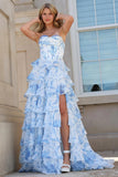 Blue White Floral A-Line Sweetheart Tiered Long Formal Dress with Slit