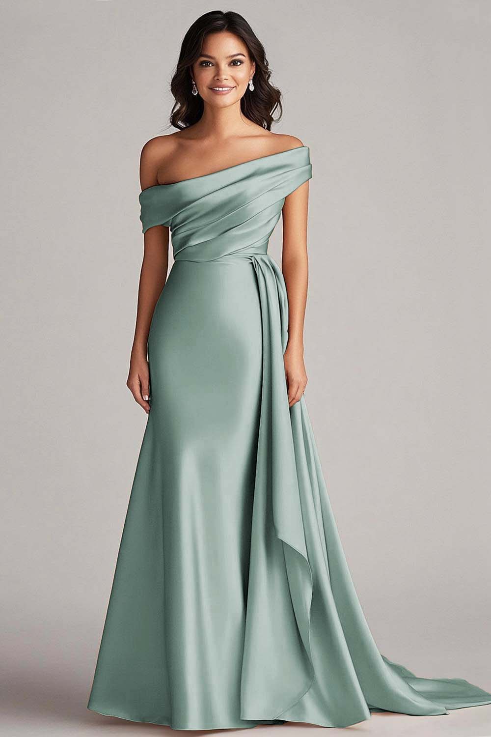 Off The Shoulder Pleated Champagne Sheath Long Formal Dress