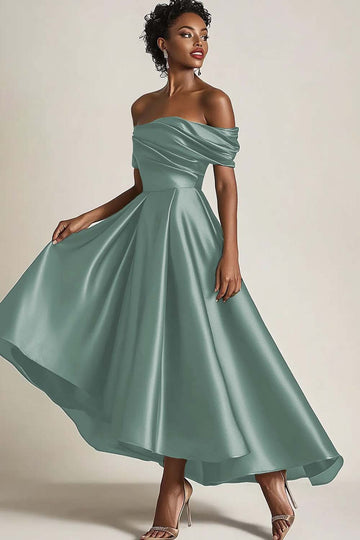 Terracotta A-Line Off the Shoulder Ruched Satin Ankle Length Mother of the Bride Dress