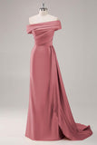 Off The Shoulder Pleated Champagne Sheath Long Formal Dress