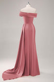 Off The Shoulder Pleated Champagne Sheath Long Formal Dress