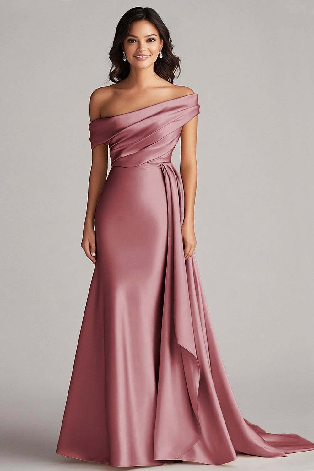 Off The Shoulder Pleated Champagne Sheath Long Formal Dress