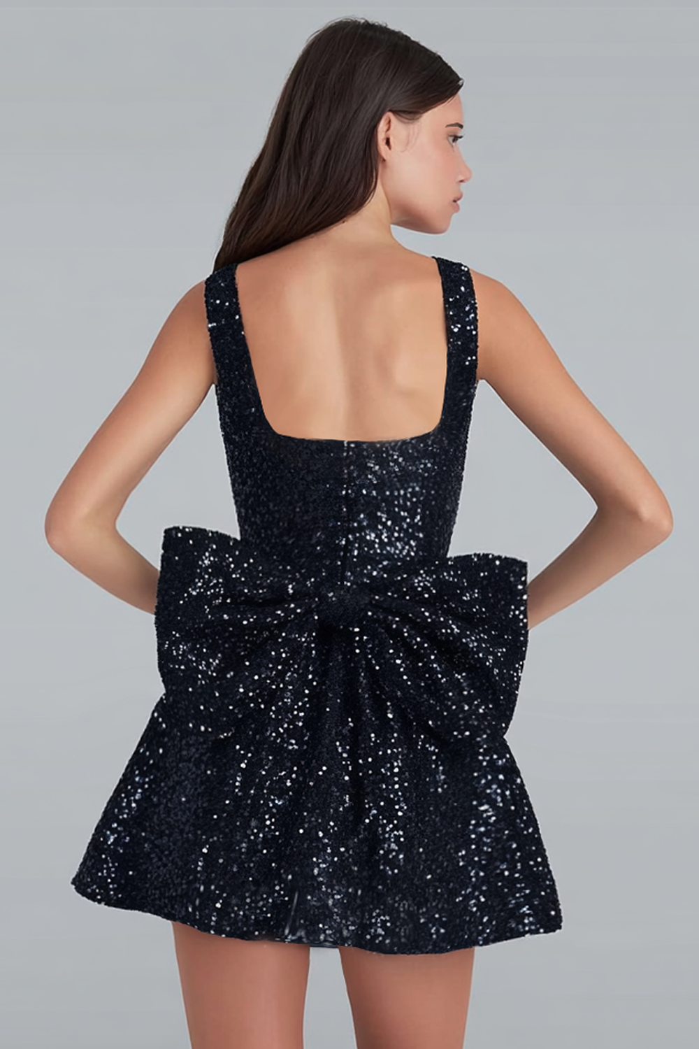 Sparkly A Line Square Neck Sequins Short Homecoming Dress with Back Giant Bow