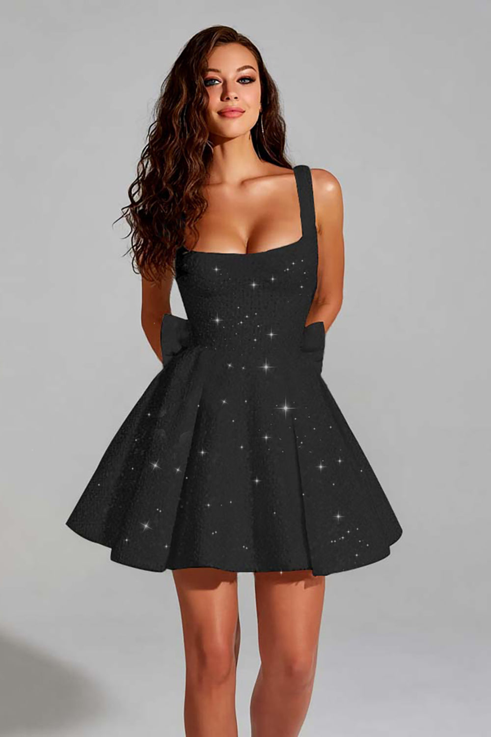 Sparkly A Line Square Neck Sequins Short Homecoming Dress with Back Giant Bow