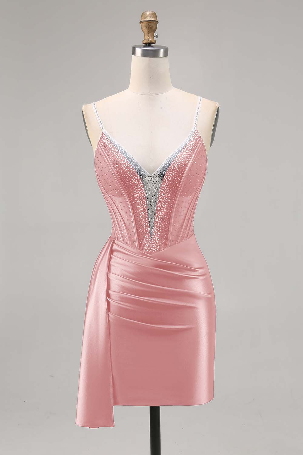 Sparkly Navy Satin Beaded Corset Short Cocktail Dress with Sash