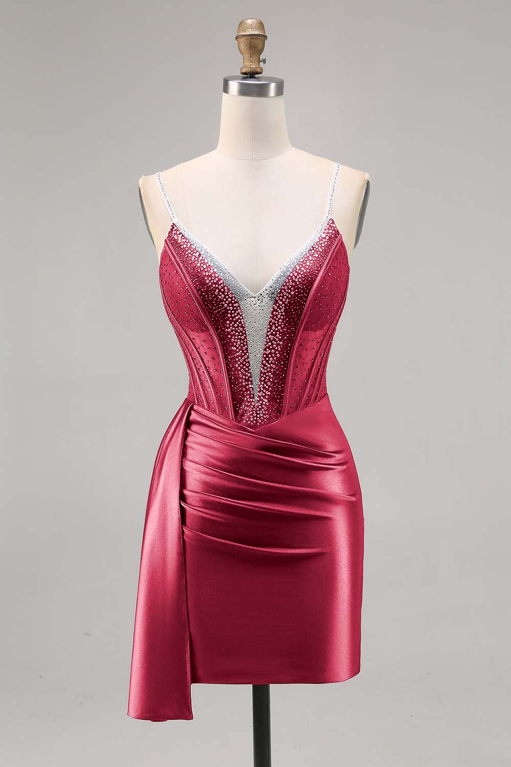 Sparkly Navy Satin Beaded Corset Short Cocktail Dress with Sash