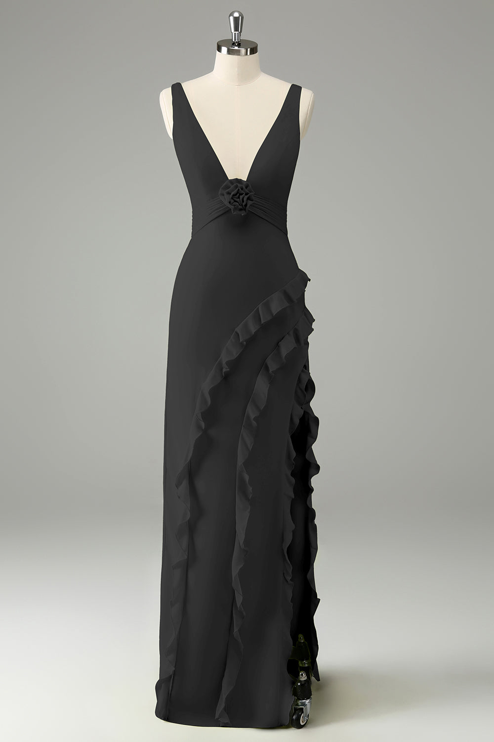 Lemon Deep V Neck Ruffled Wedding Guest Dress with Slit