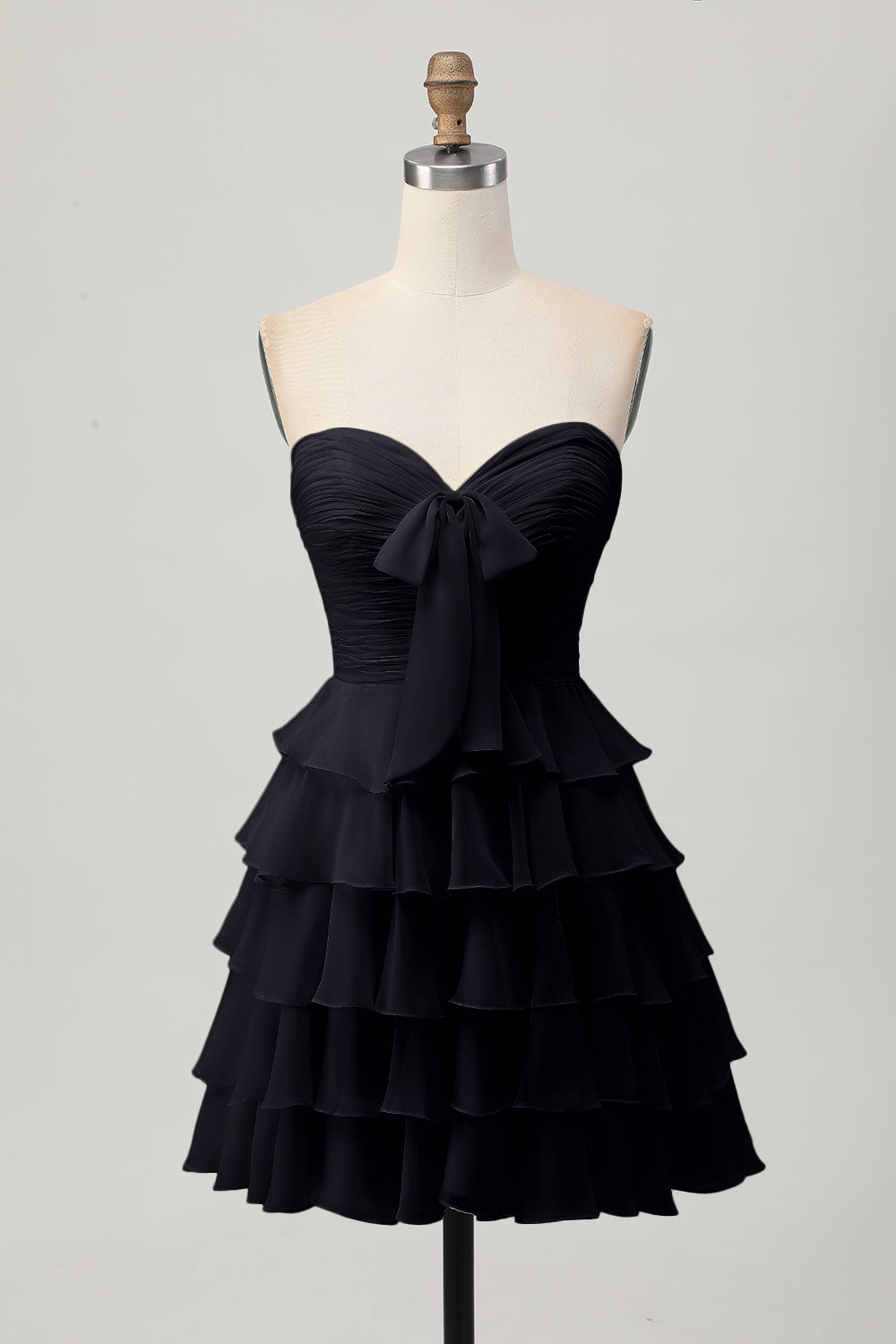 Black Sweetheart A Line Tiered Short Cocktail Dress with Bow