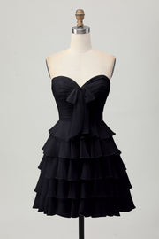 Black Sweetheart A Line Tiered Short Cocktail Dress with Bow