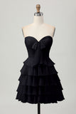 Black Sweetheart A Line Tiered Short Cocktail Dress with Bow