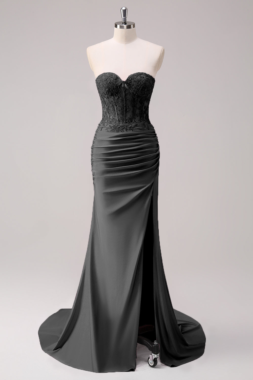 Mermaid Applique Strapless Corset Long Fuchsia Formal Dress with Slit