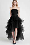 Navy Organza A Line Strapless Tiered High-Low Formal Dress