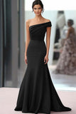 Black One Shoulder Mermaid Ruched Long Formal Dress