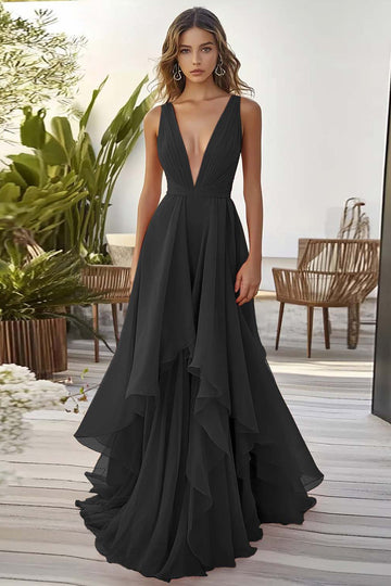 Black Ruffled A Line Chiffon V Neck Long Formal Dress