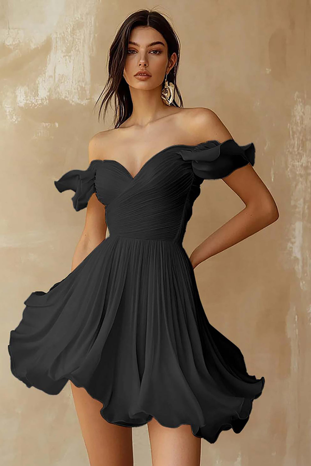 ZAPAKA Women Off the Shoulder Cocktail Dress Chiffon A Line Ruffled Pleated Short Little Black Dress