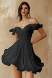 Black Chiffon A Line Ruffled Off the Shoulder Short Cocktail Dress