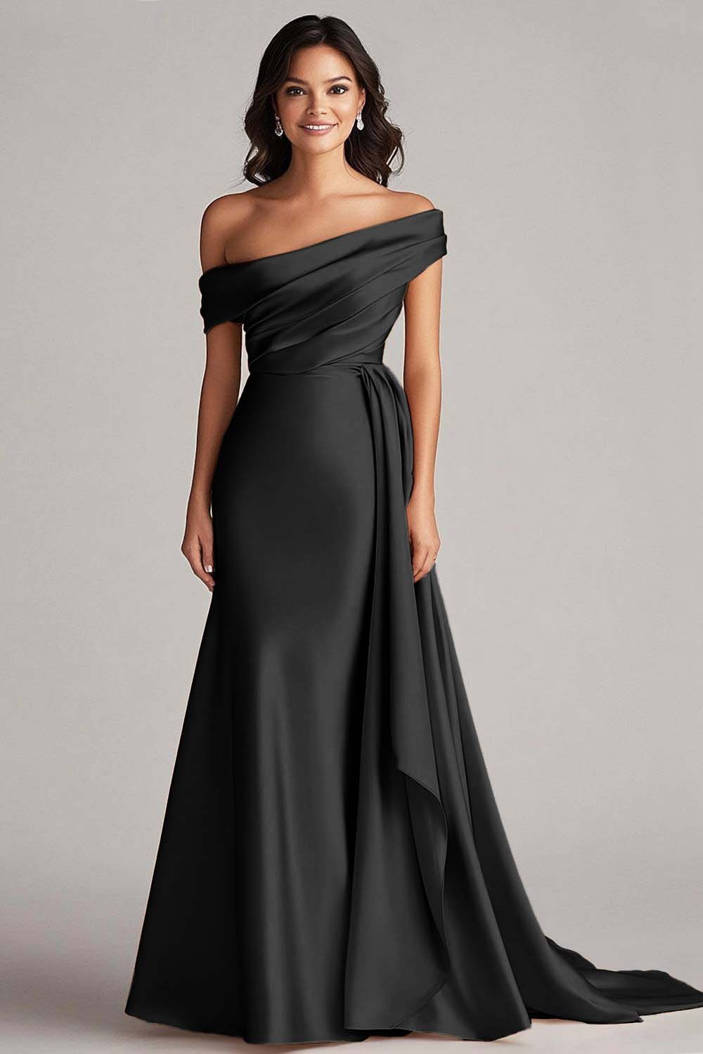 Off The Shoulder Pleated Champagne Sheath Long Formal Dress