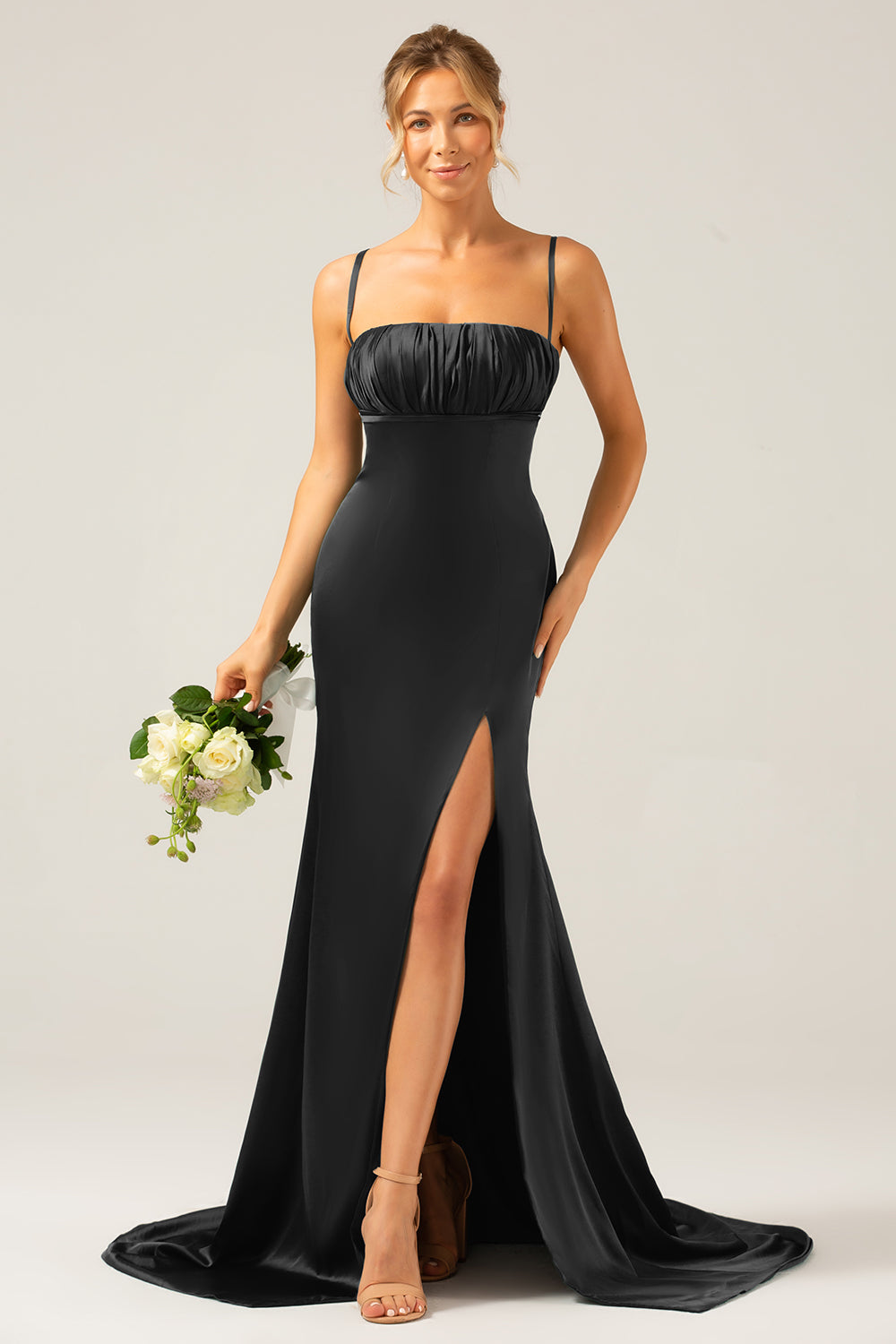 Mermaid Dusty Sage Spaghetti Straps Satin Formal Dress with Slit