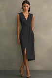 Black Satin V-Neck Bodycon Long Formal Dress with Sash