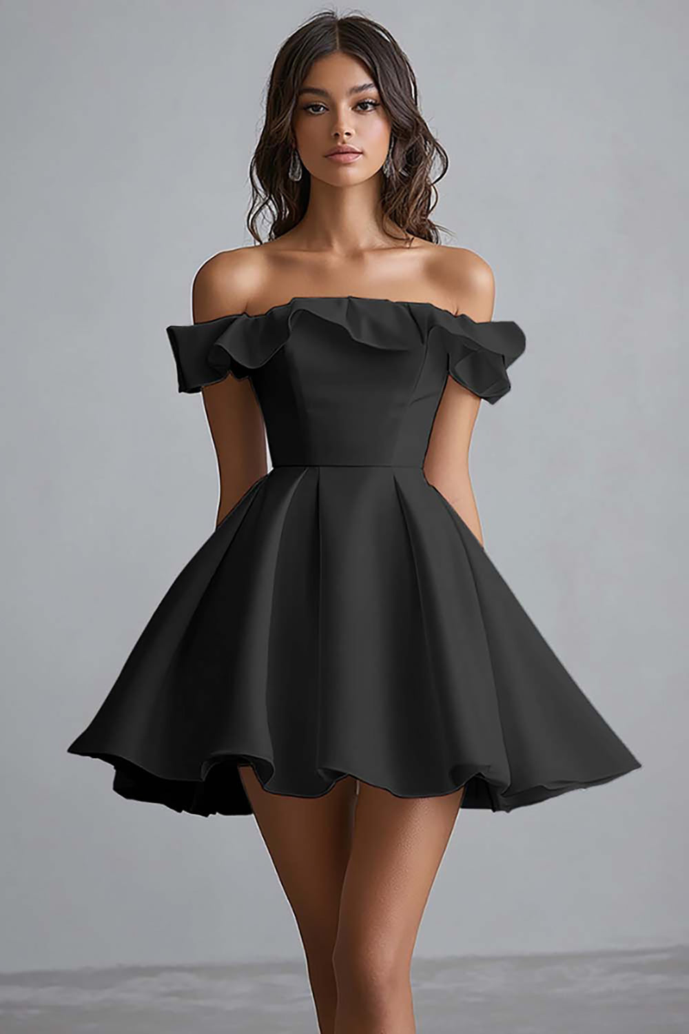 Off The Shoulder A Line Mini Black Cocktail Dress