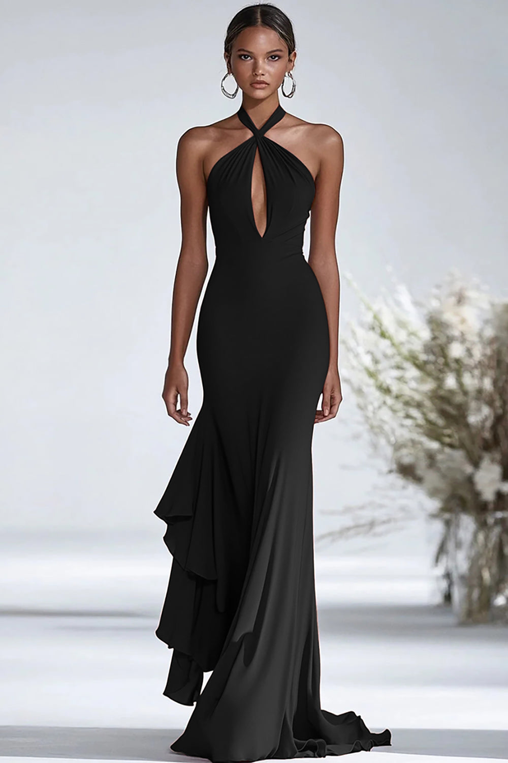 Halter Black Chiffon Ruffles Mermaid Ruffled Long Formal Dress