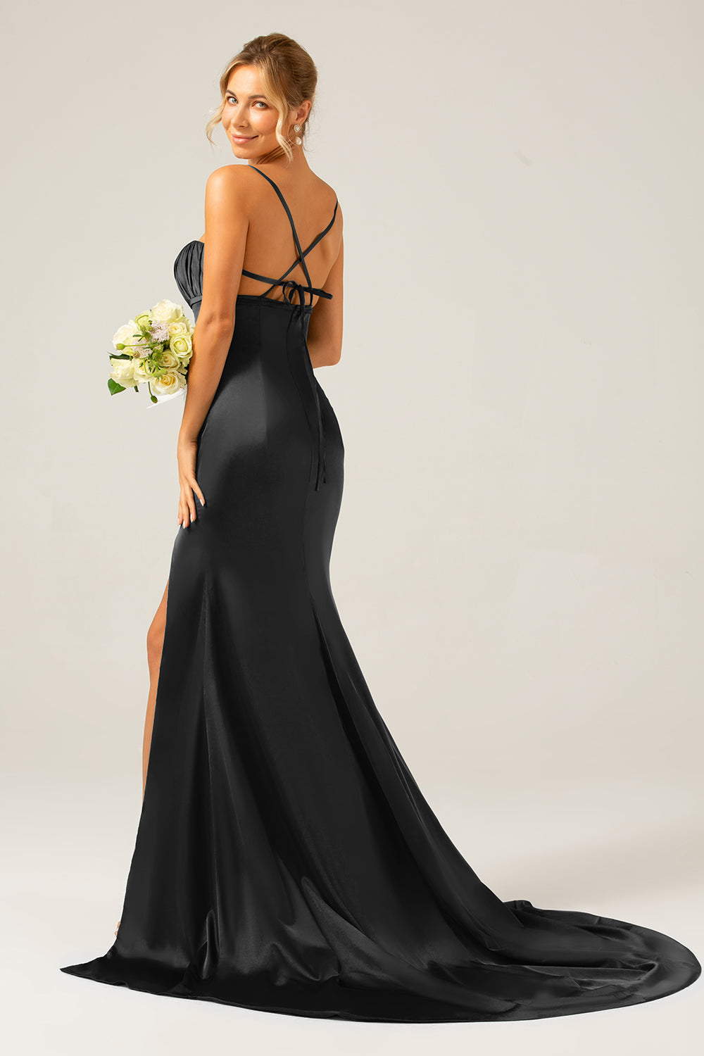 Mermaid Dusty Sage Spaghetti Straps Satin Formal Dress with Slit