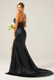 Mermaid Dusty Sage Spaghetti Straps Satin Formal Dress with Slit