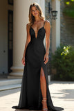 Sheath Black Stretch Satin Spaghetti Straps Long Formal Dress