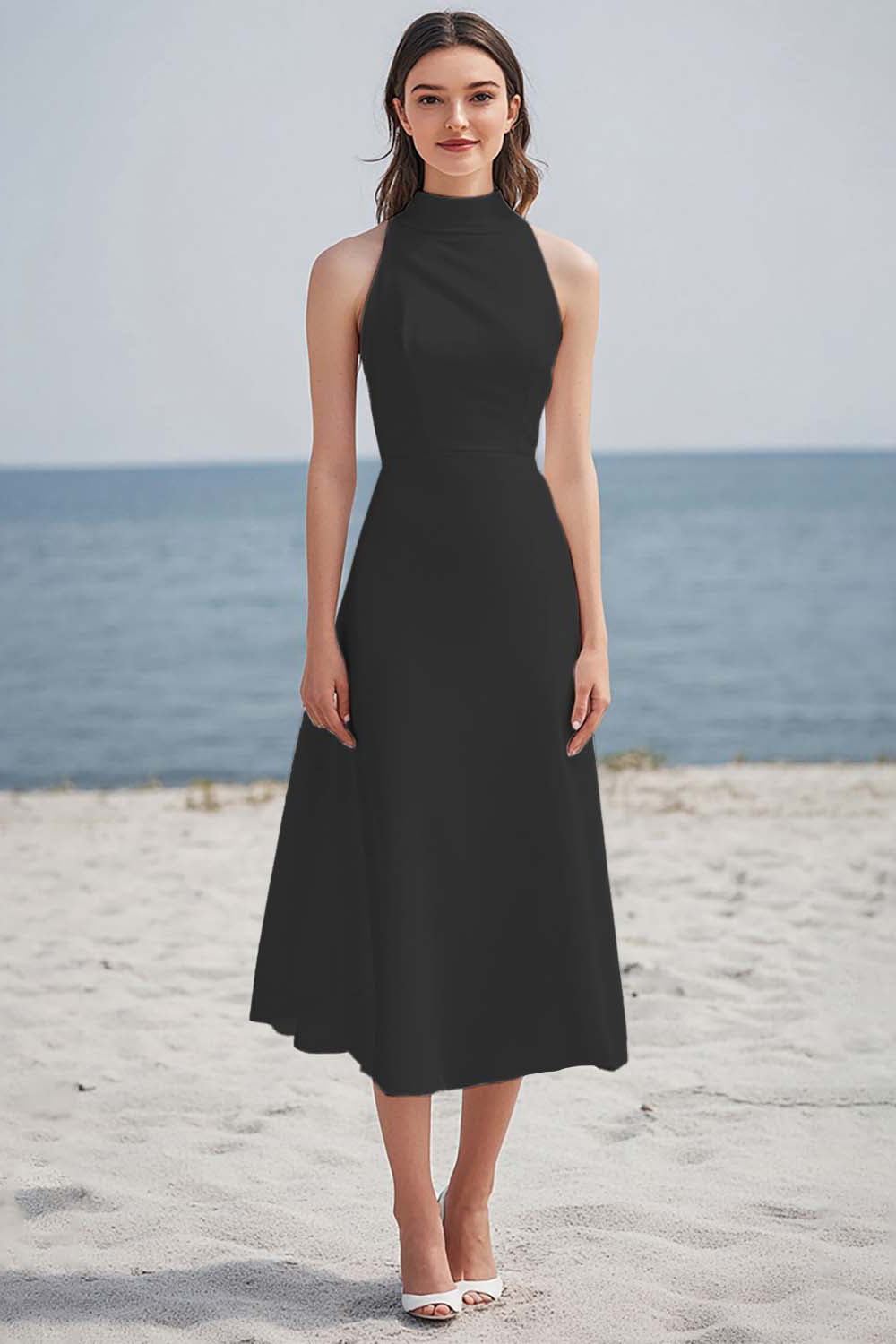 Simple Black High Neck Satin Midi Boho Dress