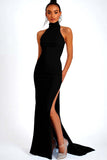 Black Halter Satin Mermaid Long Formal Dress with Slit
