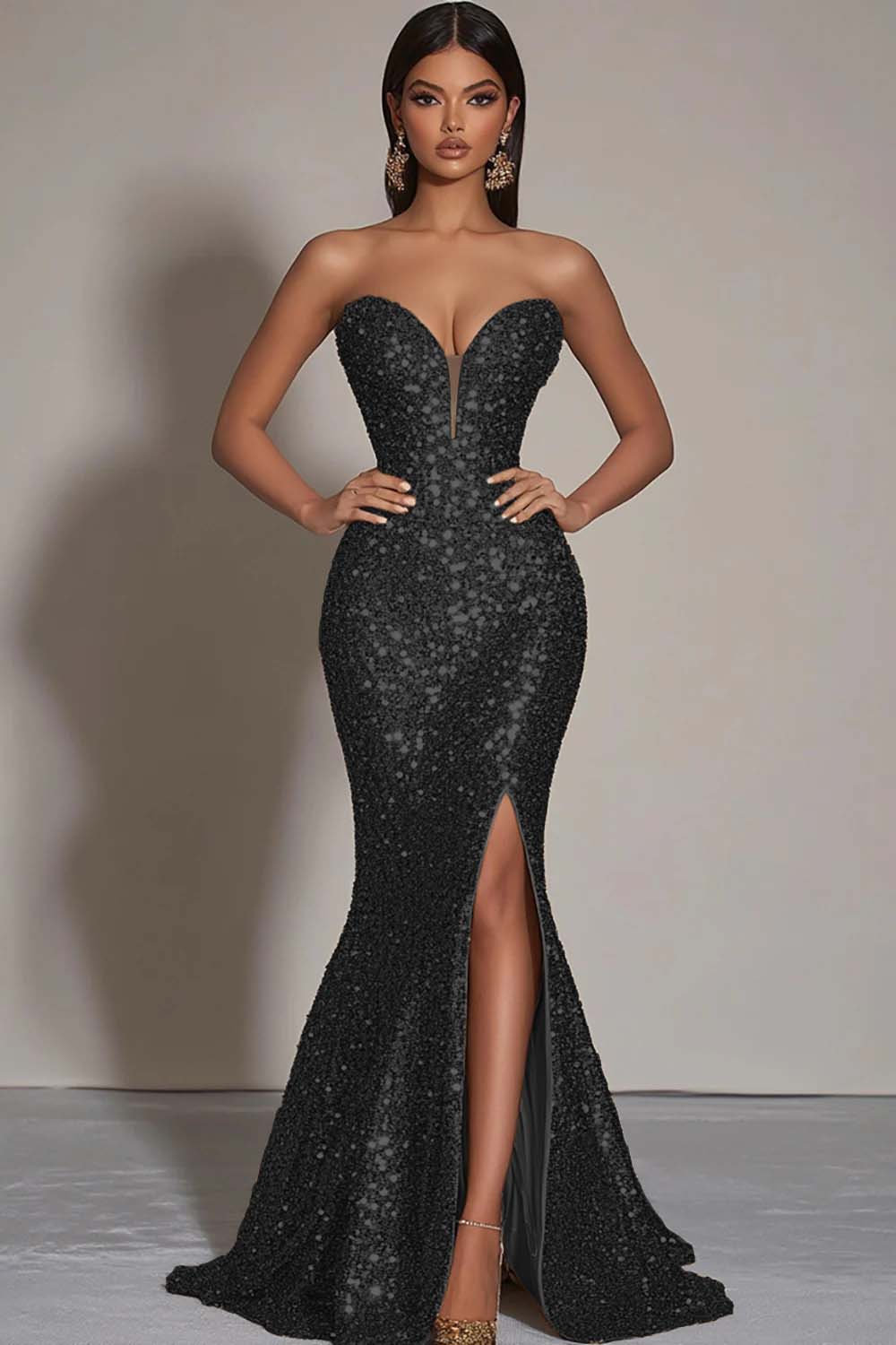 Sparkly Gold Sequins Sweetheart Mermaid Long Formal Dress with Slit