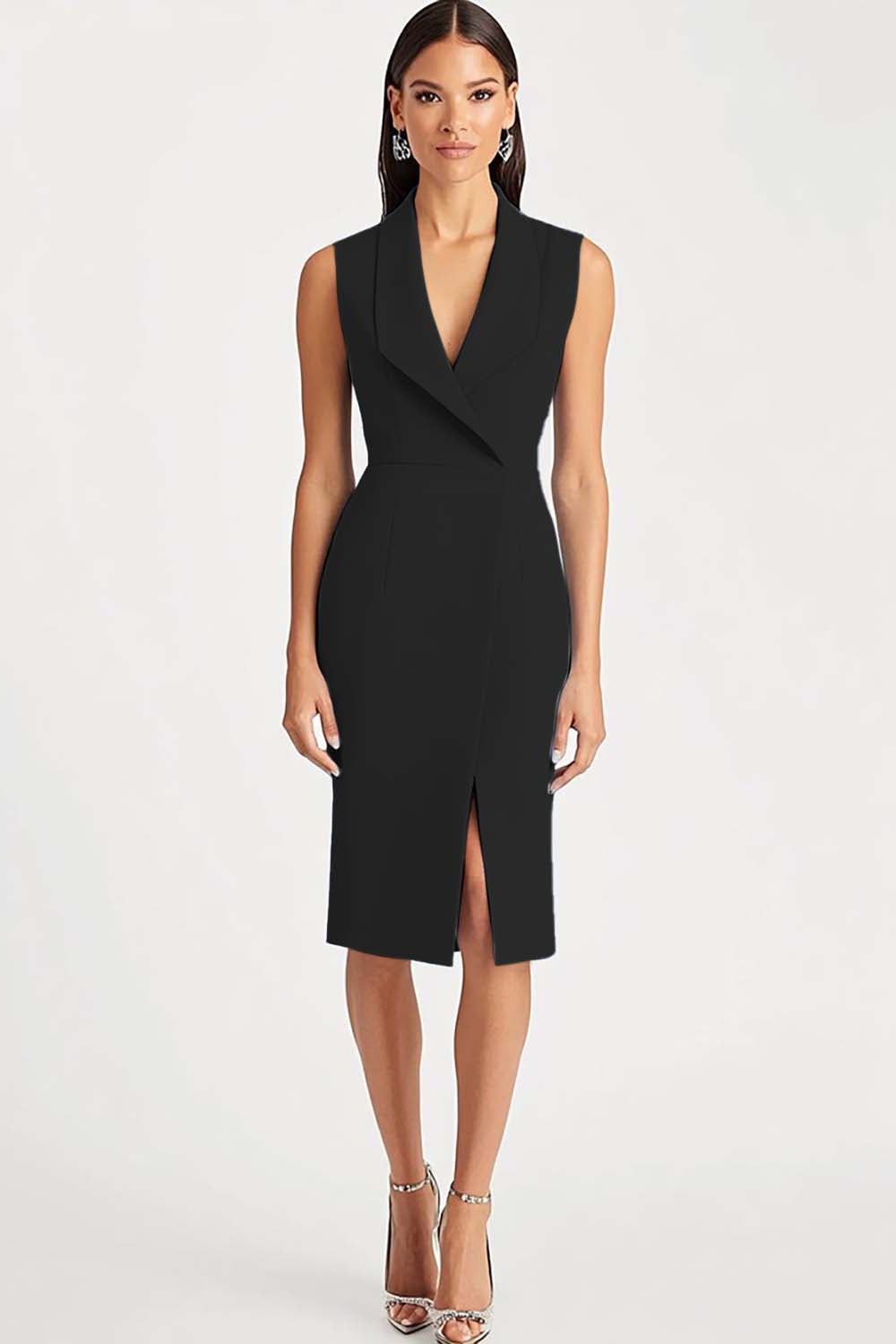 Black Shawl Lapel Satin Midi Work Dress with Slit