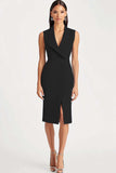 Black Shawl Lapel Satin Midi Work Dress with Slit